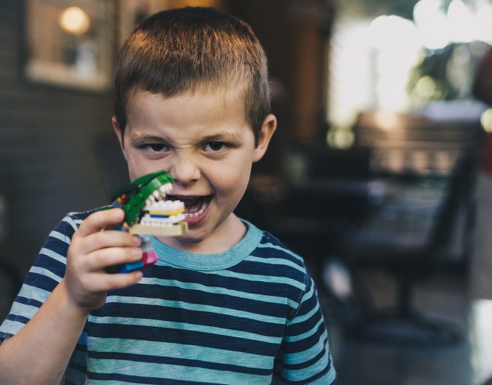 Boy Playing with Blue Toy T-Rex Dinosaur