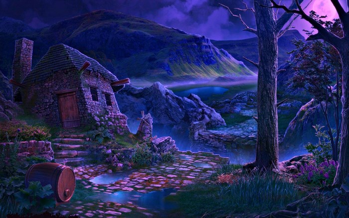 Mystic Cottage by Moonlit River in Fantasy Land