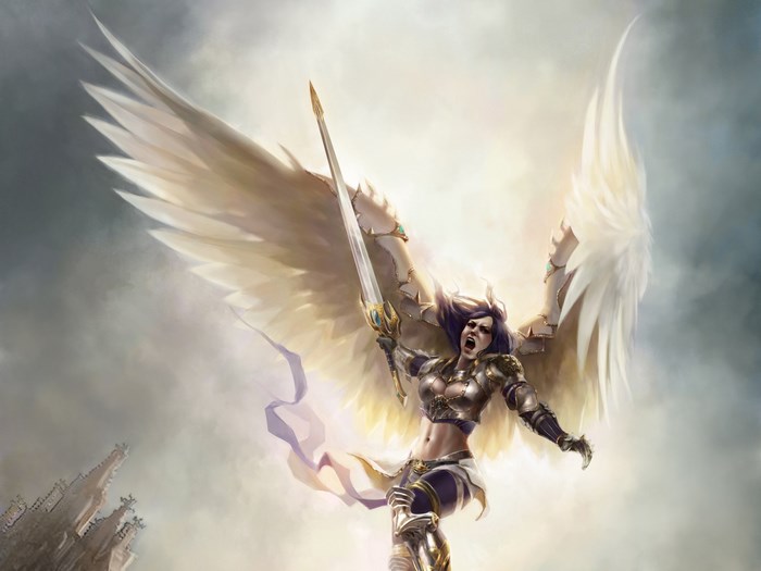 Angel warrior with sword and wings