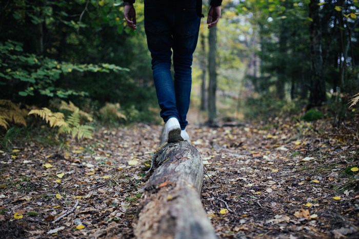 Person walking on a log in a forest