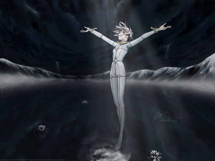 Wolf's Rain character in a dark, misty landscape