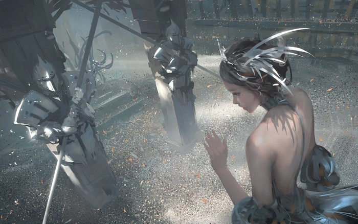 Girl in ornate headdress near damaged statues