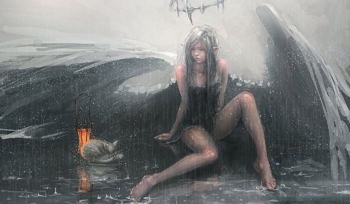 Ghostblade character in the rain with a cat