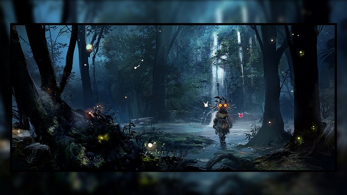 Link as Majora's Mask in a dark forest