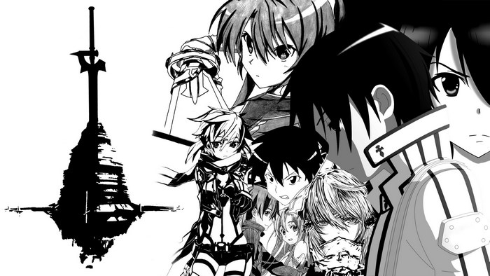 Sword Art Online characters and a large sword structure