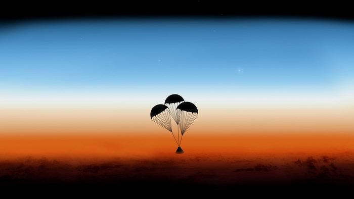 Three parachutes descending over a planet