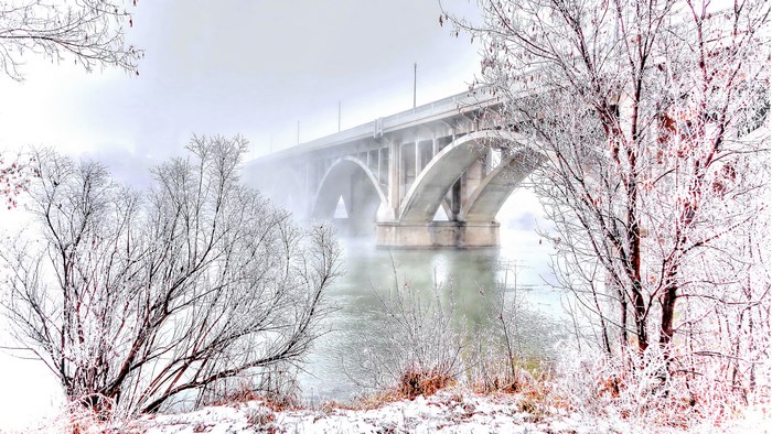Winter bridge over misty river with frosted trees