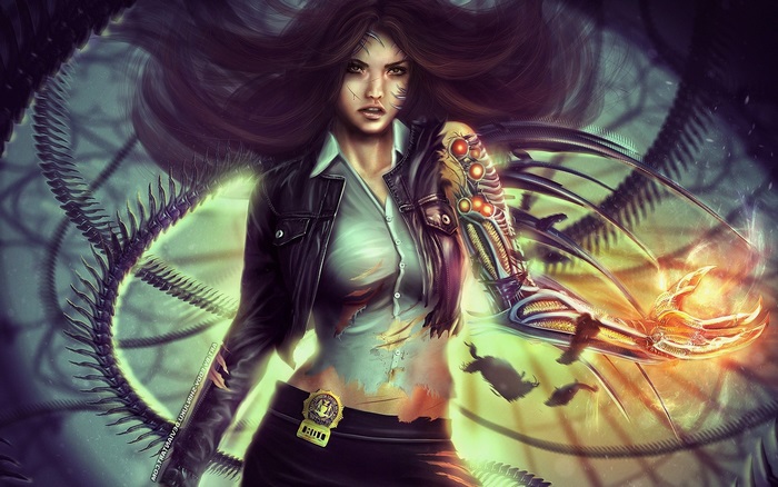Cyberpunk woman with mechanical arm and glowing hand