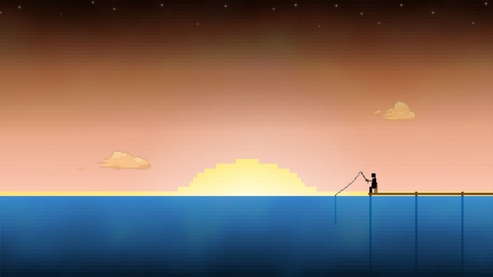 Pixel art fisherman on a pier at sunset