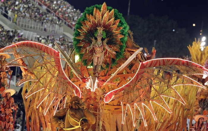 Rio Carnival parade float with dancers and spectators