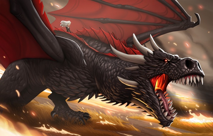 Daenerys Targaryen riding Drogon from Game of Thrones