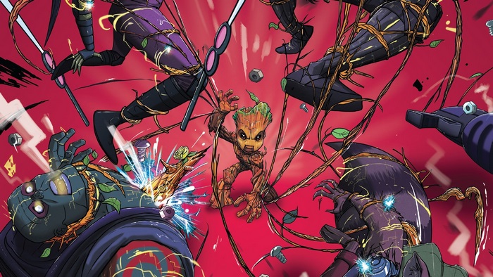 Baby Groot and enemies from Fortnite