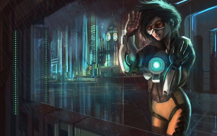 Tracer from Overwatch in a futuristic city