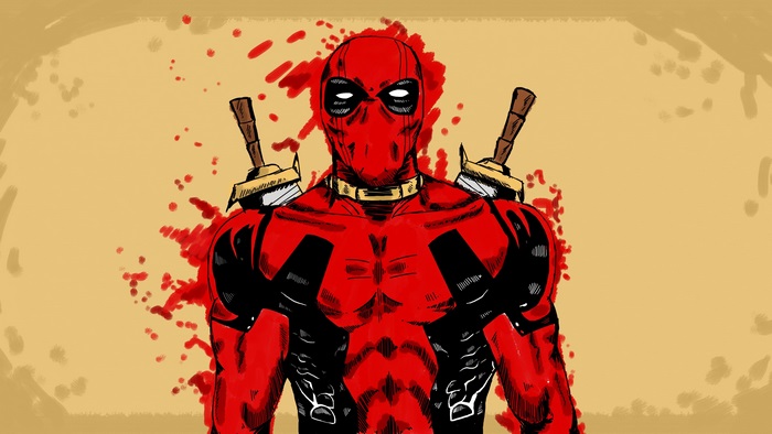 Deadpool with swords and blood splatters