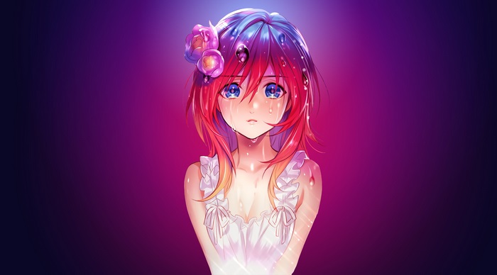 Anime Girl with Tears and Vibrant Hair in 4K