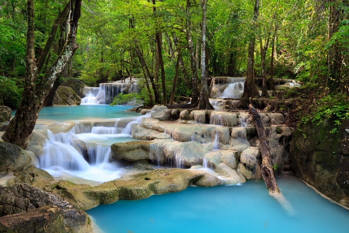 Serene Multi-Tiered Waterfall in Lush Green Forest 4K