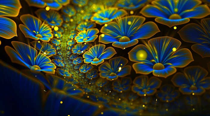Abstract blue and yellow fractal flowers 4K