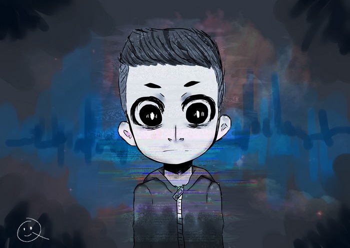 Mr. Robot character in front of abstract background
