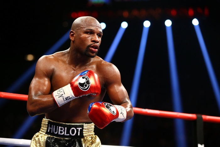 Floyd Mayweather in boxing ring with Hublot shorts