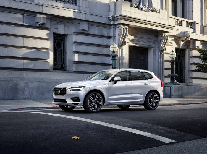 Silver Volvo XC60 parked on city street