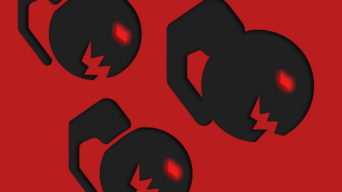 Three black bob-ombs with red eyes on a red background