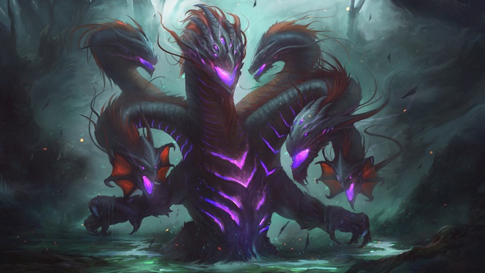 Hydra with purple glowing eyes in a dark swamp