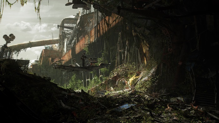 Post apocalyptic industrial ruins overgrown with vegetation
