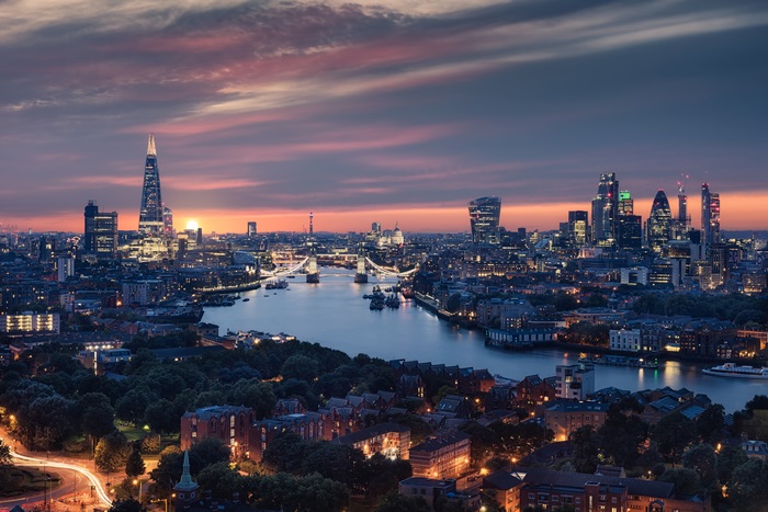 London skyline at sunset with River Thames