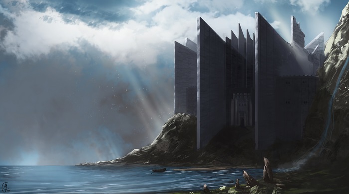 Dark castle on a rocky coast with sunbeams
