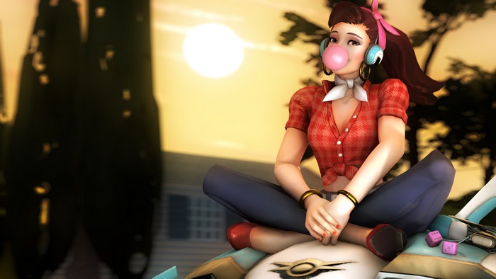 D.Va from Overwatch sitting with bubblegum