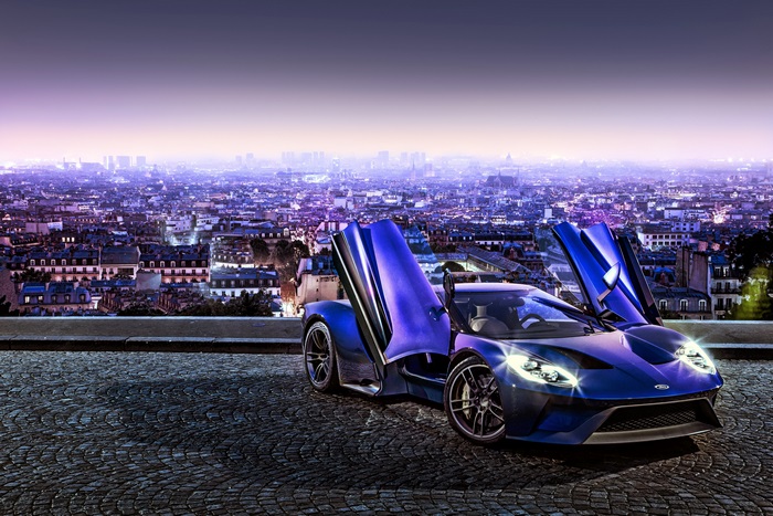 Ford GT with butterfly doors overlooking Paris at night