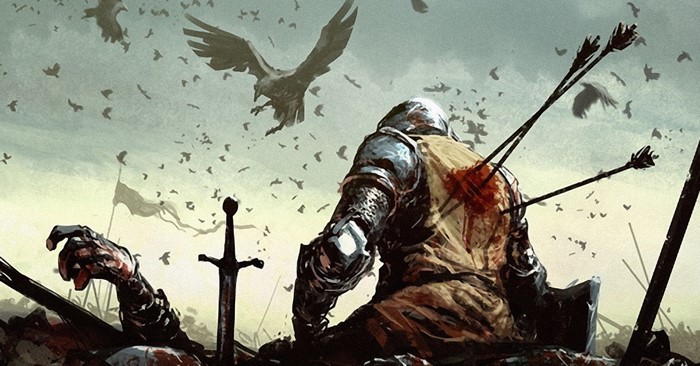 Knight fallen on battlefield with arrows and crows