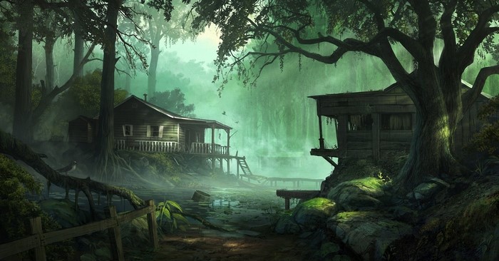 Mysterious Dark Forest with Wooden Houses