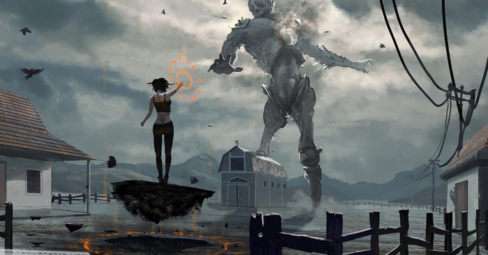 Girl casting magic at giant robot in a field