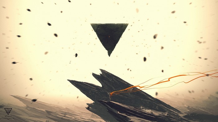 Abstract triangle and rock formations with orange energy