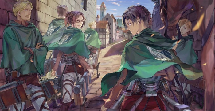 Attack on Titan characters in a town street