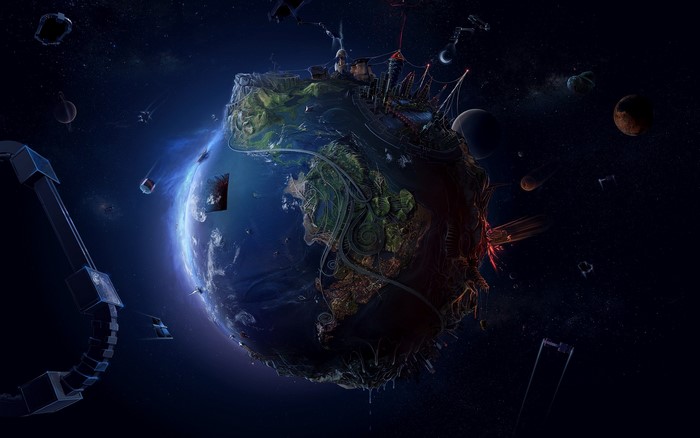 Abstract Earth in Space with Futuristic Structures
