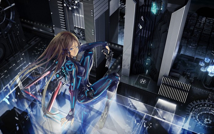 Anime girl with gun in cyberpunk city