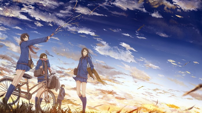 Anime girls with bicycle under cloudy sky at sunset