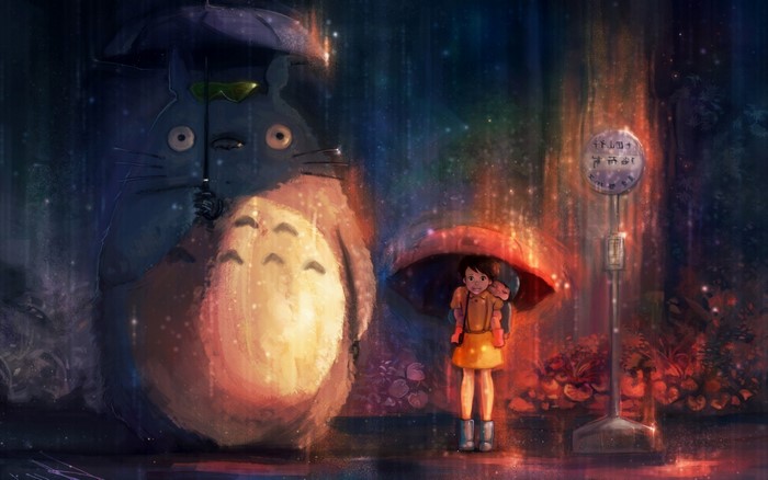 Totoro and children at a bus stop in the rain