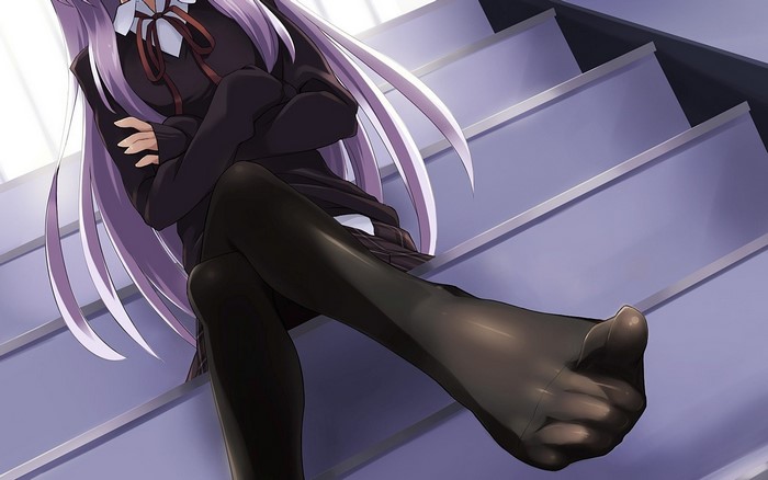 Anime girl with purple hair wearing stockings