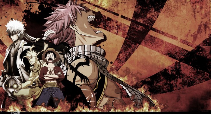 Gintoki, Naruto, Luffy, and Natsu Crossover