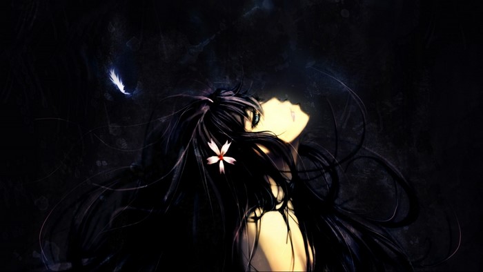 Anime girl with black hair and a flower