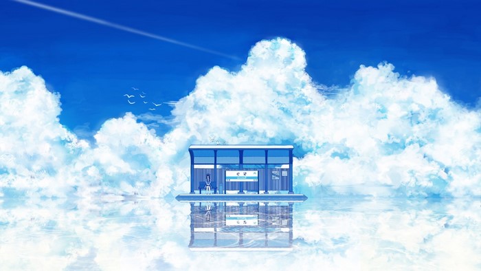Anime bus stop reflected in water under clouds