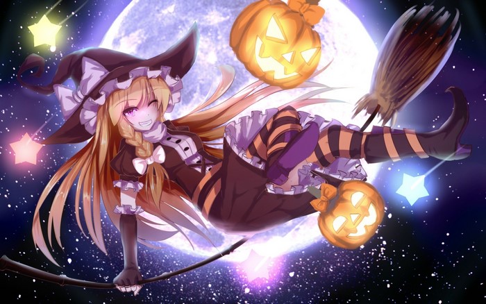 Marisa Kirisame from Touhou flying on a broom with pumpkins