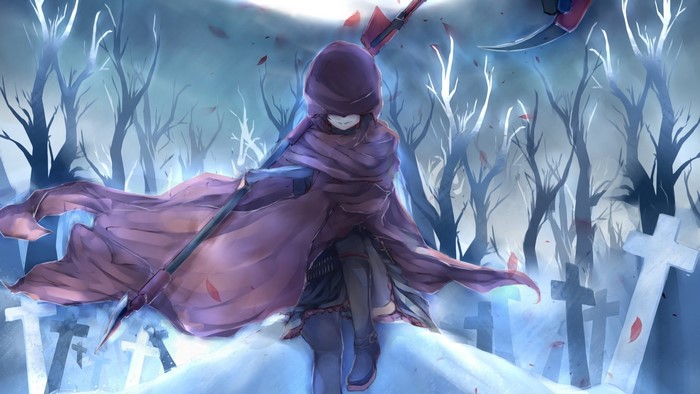 Ruby Rose from RWBY in a snowy cemetery