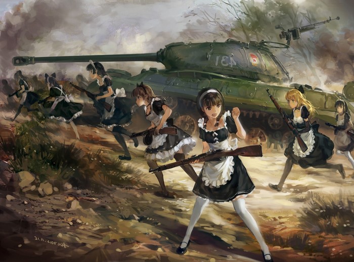 Anime maids with rifles and a tank