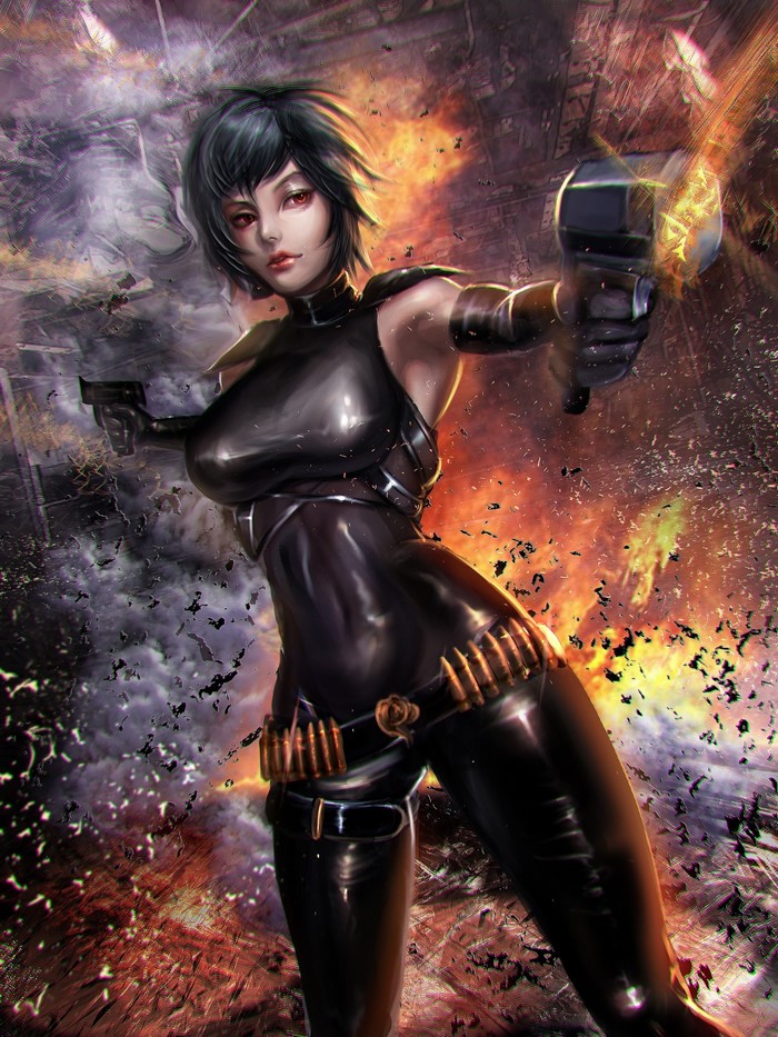 Anime girl with dark hair holding two pistols