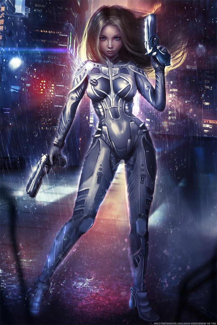 Anime girl in futuristic suit with guns in city