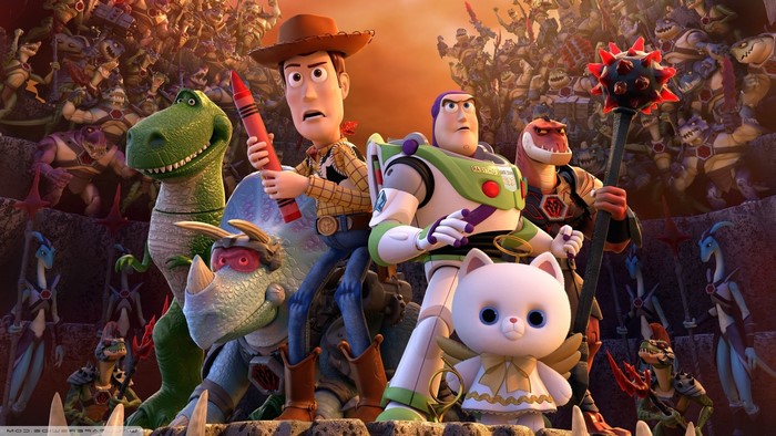 Woody and Buzz Lightyear with toy dinosaurs and cat